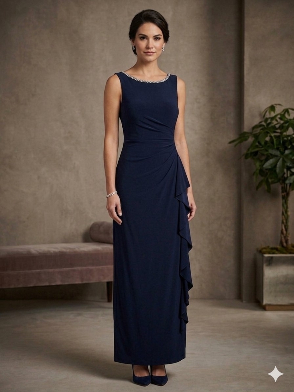 R&M Richards Navy Sleeveless Evening Gown with Side Ruffle